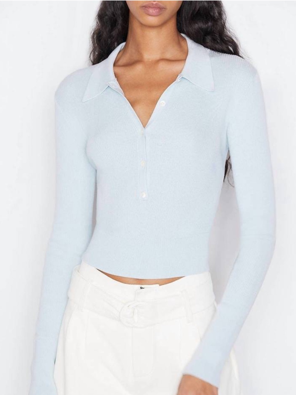 Frame Denim Pale Blue Ribbed Polo Sweater top silk blend